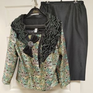 Elite Champagne 2 PC Black and Green Metallic Suit